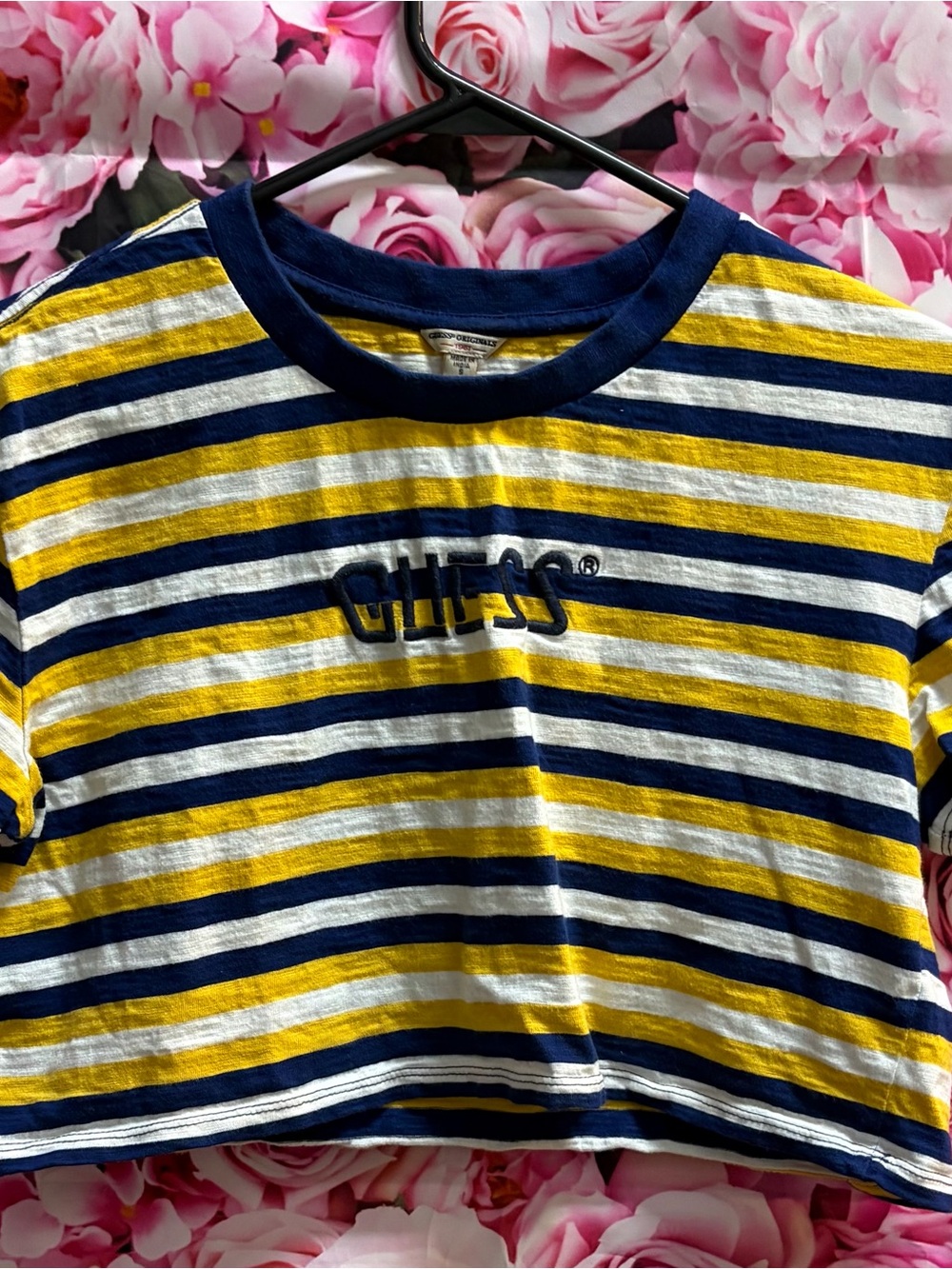 Guess Women’s Striped Crop Tee - Yellow, White & Navy Size Small